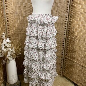Floral Ruffle Maxi Skirt - White and Red Size 2